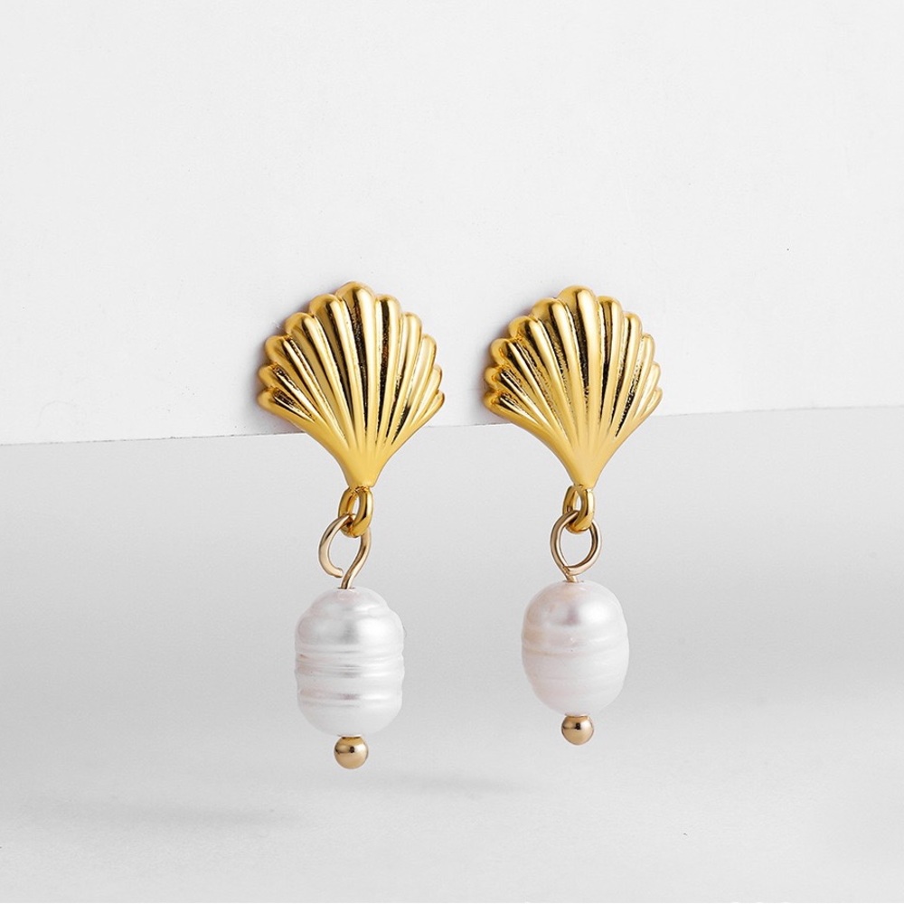 18K Gold Plated Shell Earrings*Freshwater Pearl*Ocean Beach vacation Jewelry*SL